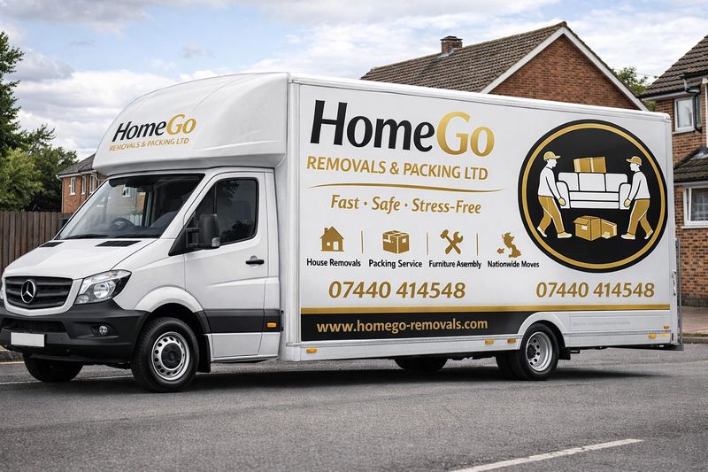Interior of HomeGo Removals Luton van showing clean, spacious loading bay with folded protective blankets and professional trolley ready for a house move